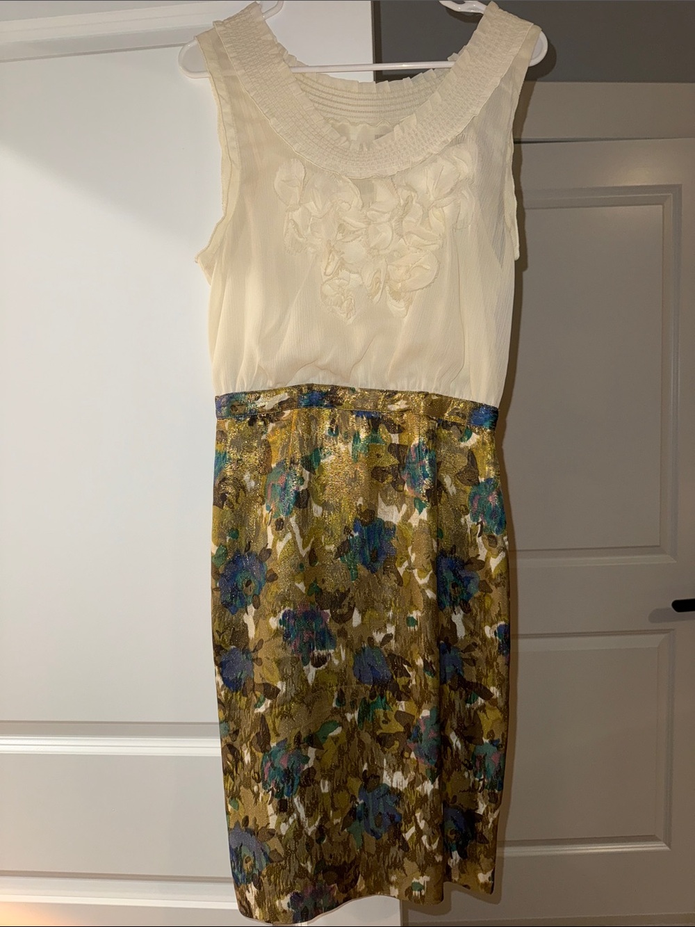 Anthropologie Ivory & Olive blue green metallic watercolor Pencil  Dress
